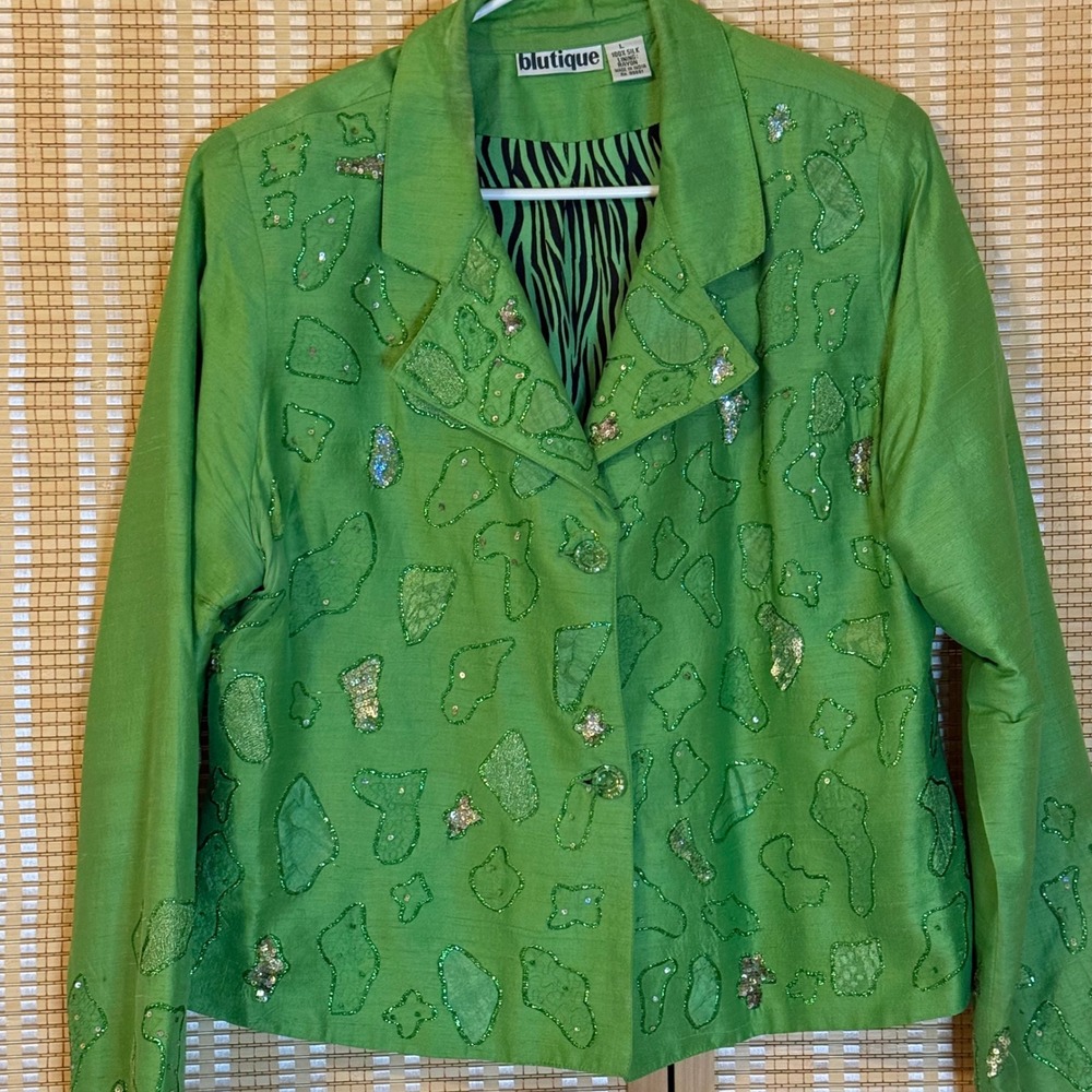 Blutique Womens Large Green Silk Beaded Sequin Blazer Jacket Zebra Print Lining